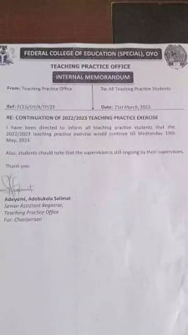 FCE Oyo notice to Teaching Practice students