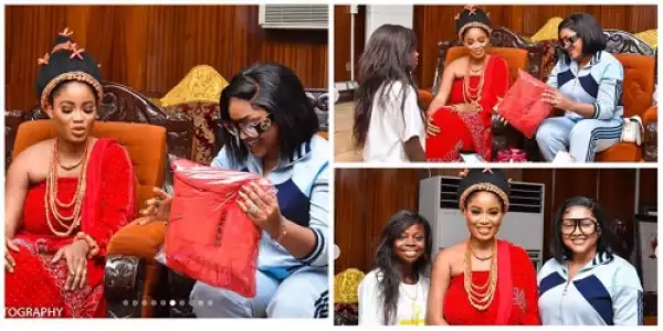 Actress Mercy Aigbe Overjoyed As She Visits Oba Of Benin’s Wife (Photos)