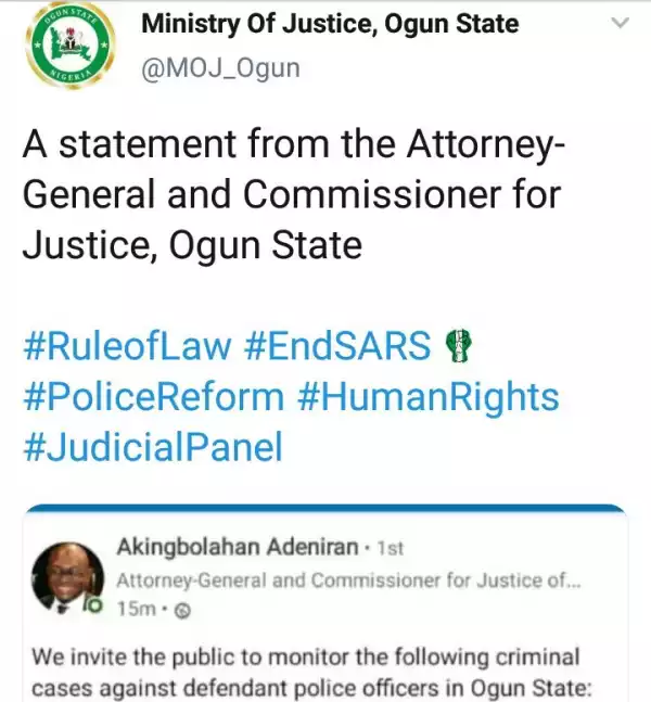 Reactions as Ogun State invites the public to monitor criminal cases against defendant police officers