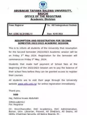ATBU notice on resumption and registration for second semester, 2022/2023