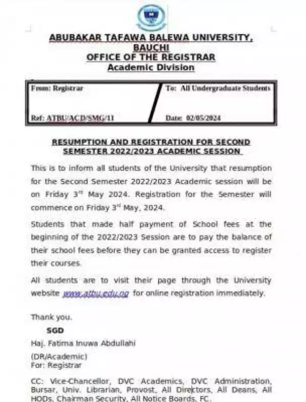 ATBU notice on resumption and registration for second semester, 2022/2023