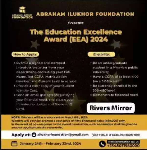 Abraham Ilukhor Foundation Education Excellence Award for undergraduate students, 2024