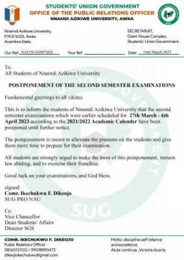 UNIZIK postpones 2nd semester exam, 2021/2022