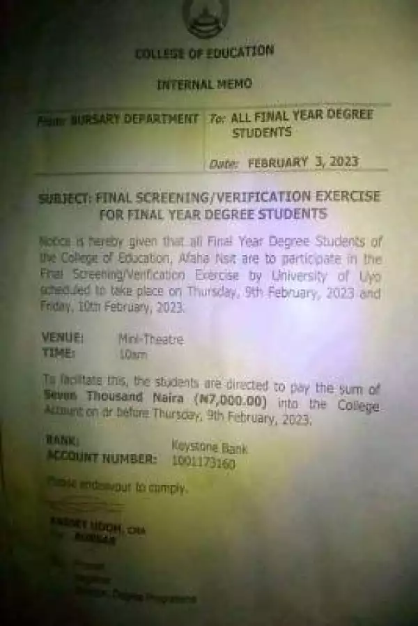 College of Education Afaha-Nsit final screening/verification for final year degree students