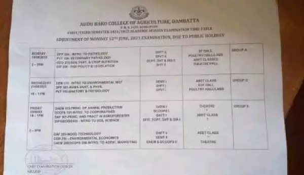 Audu Bako College of Agriculture, Dambatta Adjusted exam timetable 1st/3rd semester, 2021/2022