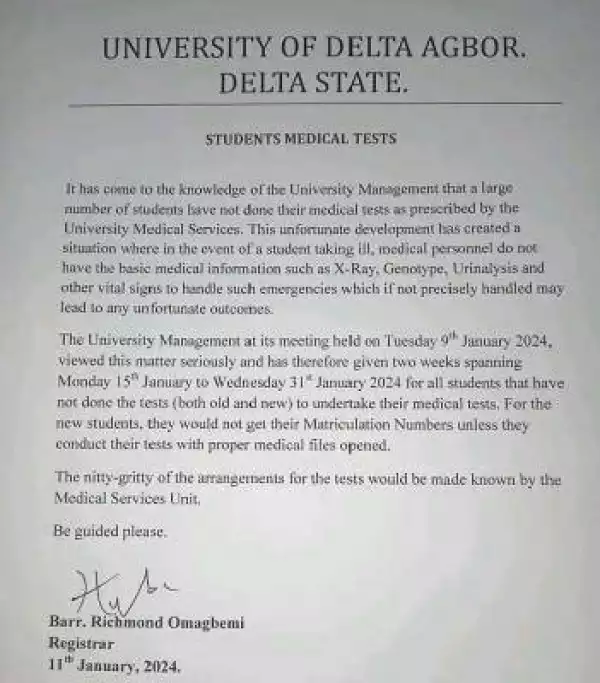 UNIDEL notice on students medical tests
