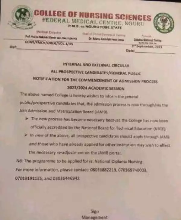 Fed Medical Centre, Nguru notification on commencement of admission process, 2023/2024