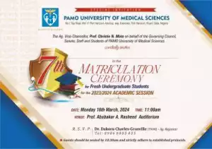 PAMO University of Medical Sciences announces 7th Matriculation Ceremony