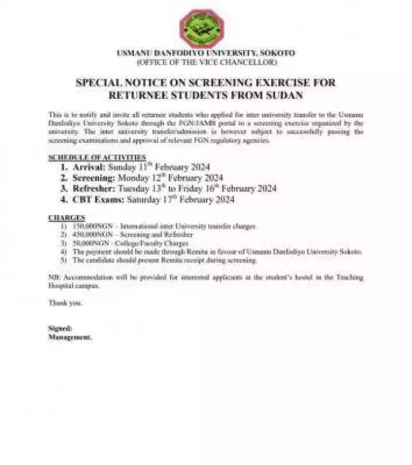 UDUS special notice on screening exercise for returnee students from Sudan