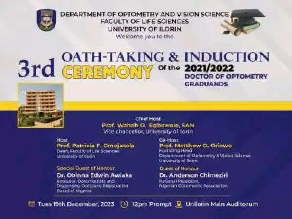 UNILORIN announces 3rd oath taking/induction ceremony of optometry graduands, 2021/2022