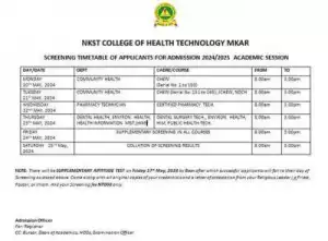 NKST college of Health Entrance screening timetable 2024/2025