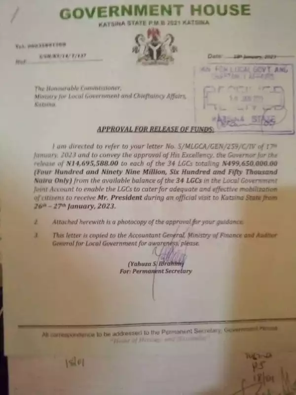 CSOs kick as Katsina State Govt approves N499m from LG joint account "for mobilization of citizens to welcome Buhari"