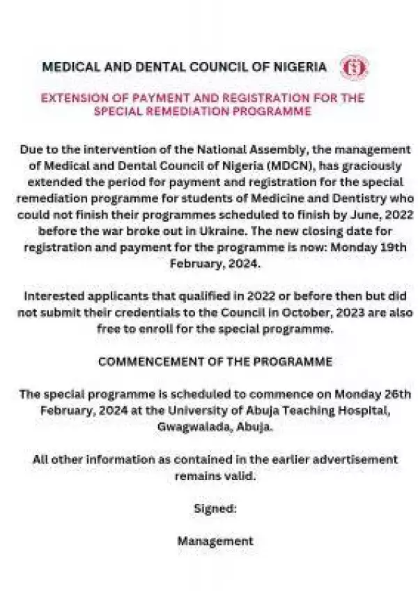 MDCN notice on extension of payment & registration for special remediation programme