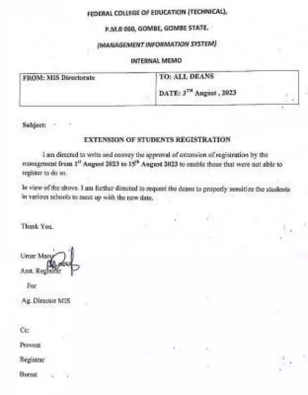 FCET Gombe extends students registration deadline