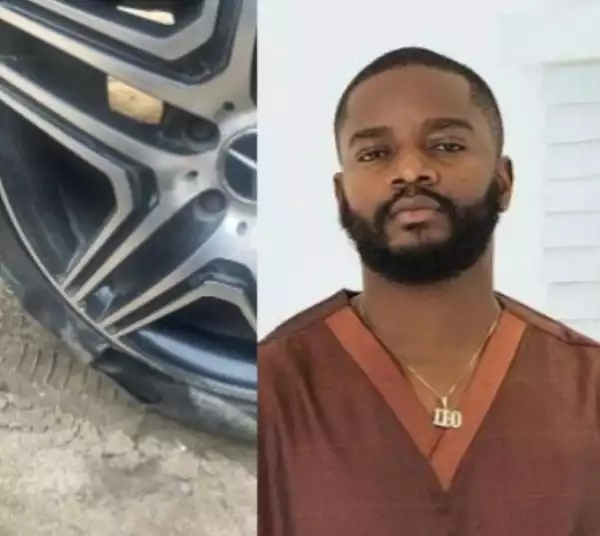 BBNaija Star, Leo Da Silva, Laments After Pothole On Lagos Road Destroyed His Tyre (Photo)