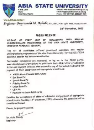 ABSU admission list now on school