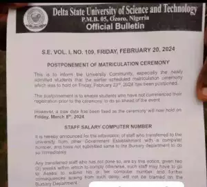 Delta State University of Science & Tech Ozoro notice on postponement of Matriculation ceremony