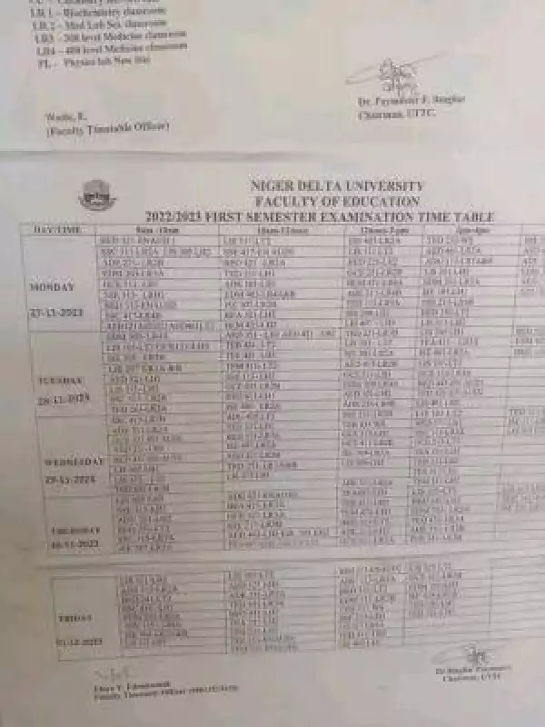 NDU first semester examination timetable, 2022/2023 session