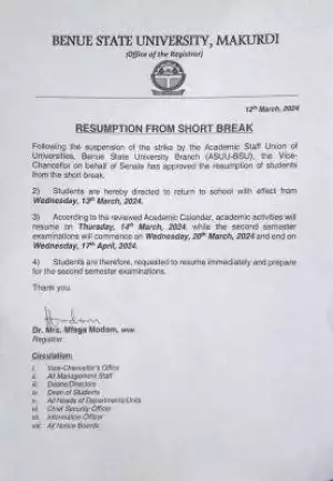 BSUM notice on resumption from Short break