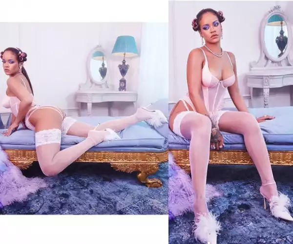 Rihanna poses seductively in a sheer bustier and stockings in sexy new photos