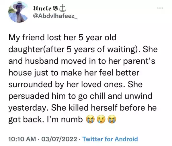 Lady Commits Suicide After Losing Her 5-year Old Daughter