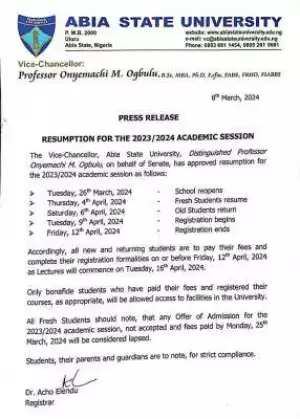 ABSU notice on resumption for 2023/2024 session