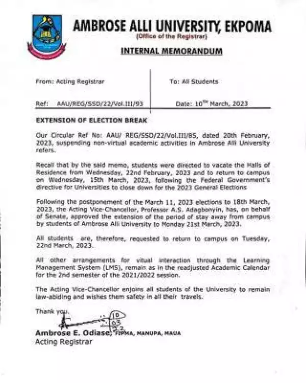 AAU notice on extension of election break