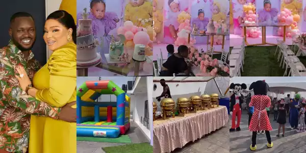 Bimbo Afolayan and husband, Okiki throw lavish birthday party for their daughter as she turns one (Video)