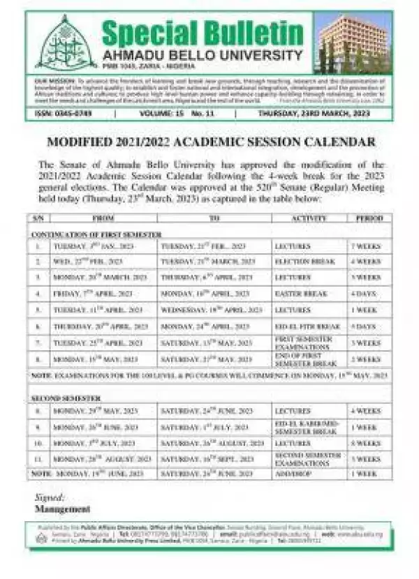 ABU modified academic calendar, 2021/2022