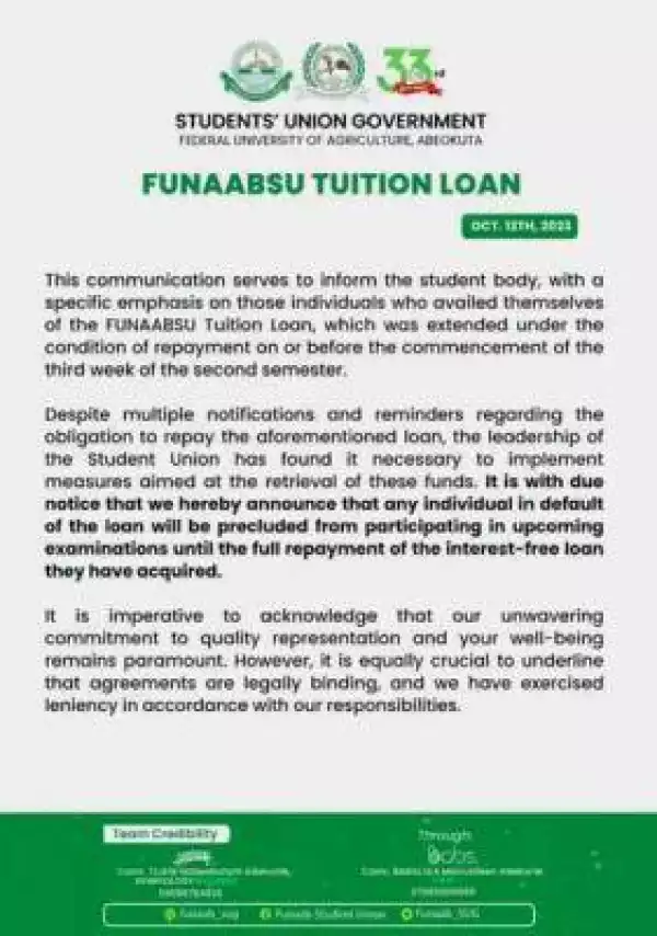 FUNAAB SUG notice to students who took FUNAABSU tuition loan