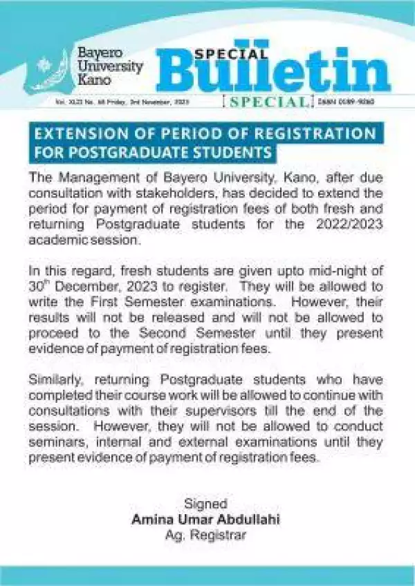 BUK extends Postgraduate registration period, 2023/2024