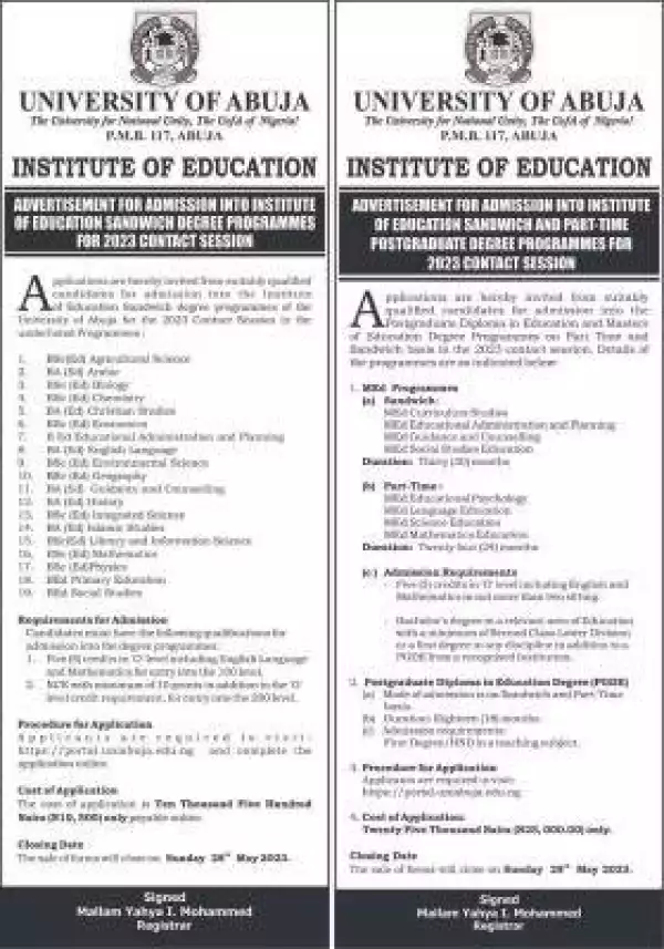 UNIABUJA Institute of Education degree admission for 2023/2024 session