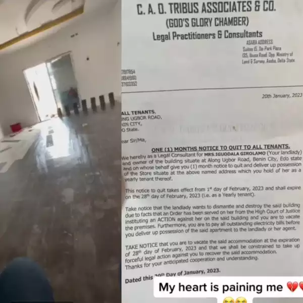Woman given quit notice by landlord after spending huge sum to renovate the apartment in Edo state
