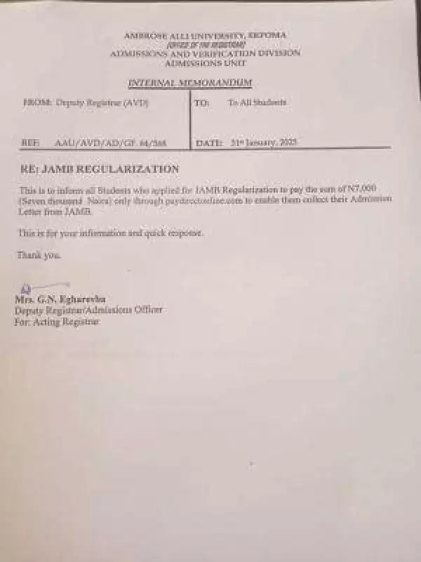 AAU, Ekpoma notice on JAMB regularisation