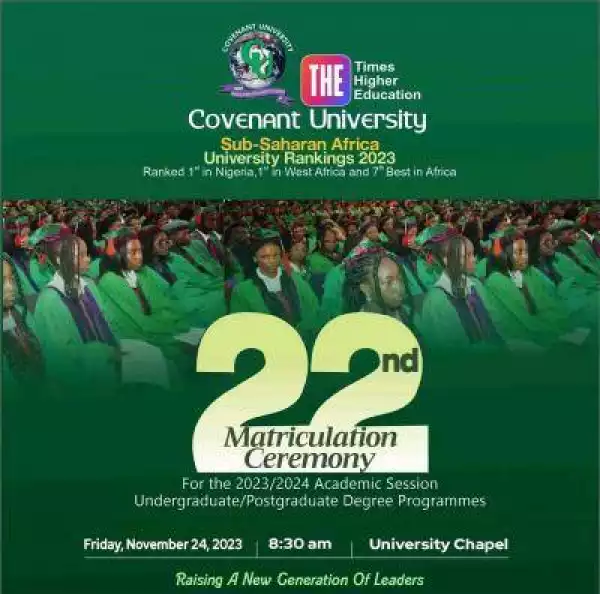 Covenant university announces 22nd matriculation ceremony