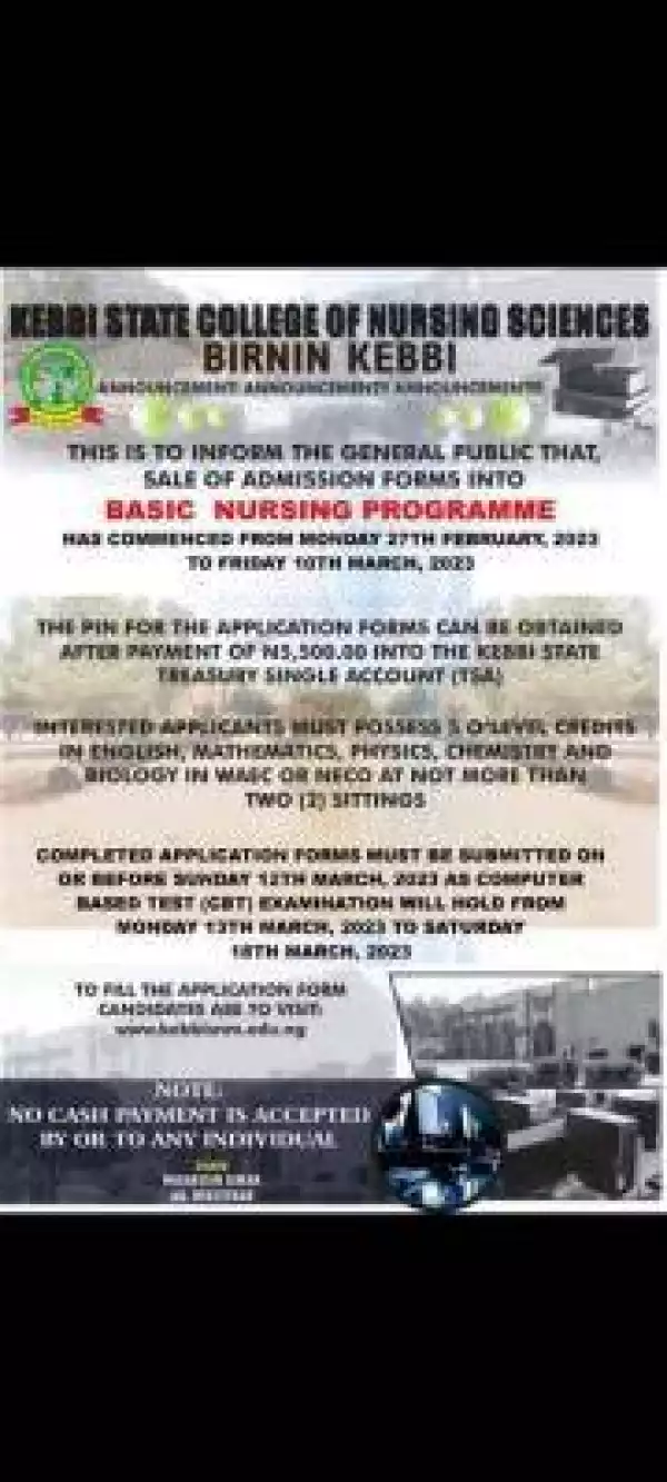 Kebbi State College of Nursing Basic Nursing Admission form, 2023/2024