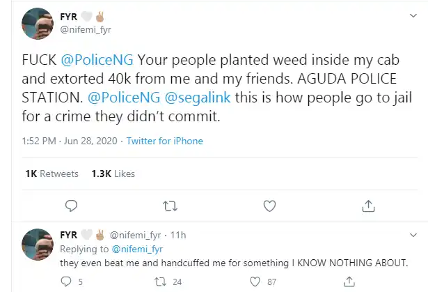 Man accuses police of planting weed in his car and extorting him of N40k in Lagos