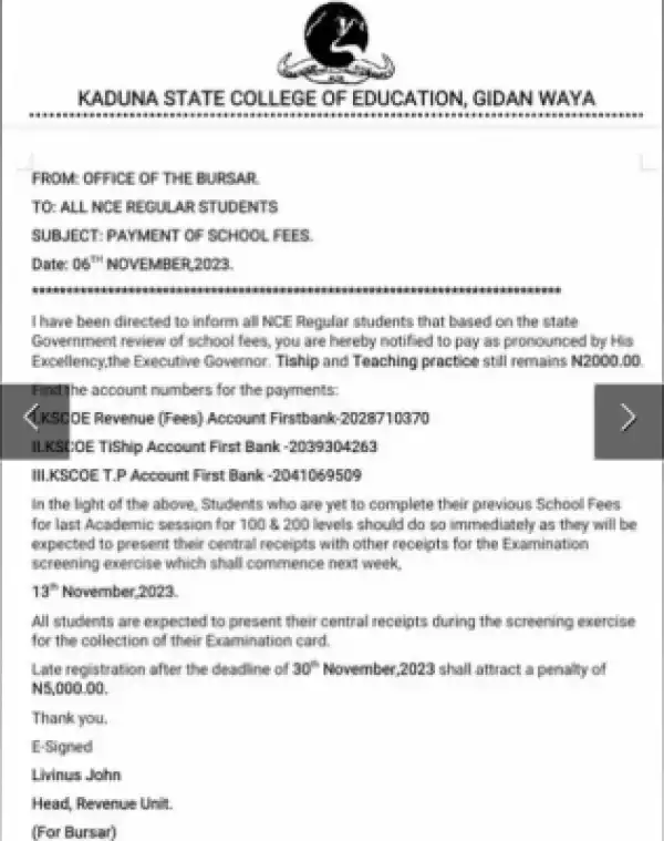Kaduna State COE notice to all NCE students on payment of school fees