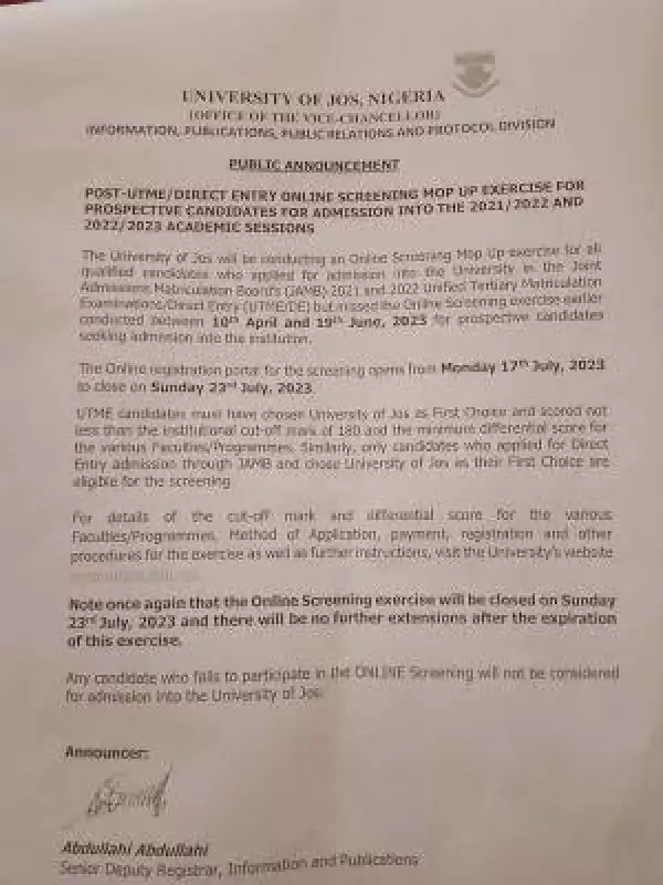 UNIJOS Mop-up Screening Exercise for 2022/2023 Post-UTME Registration