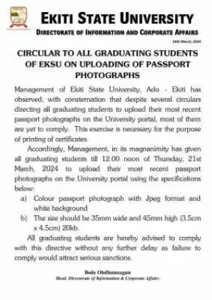 EKSU notice to graduating students on uploading of recent passport photographs