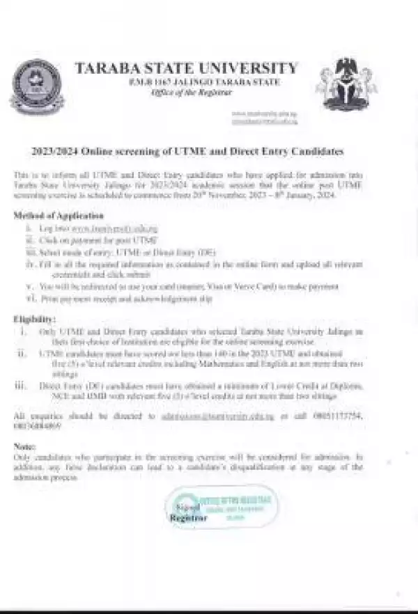 TASU Post UTME/DE 2023: cut-off mark, eligibility and registration Details