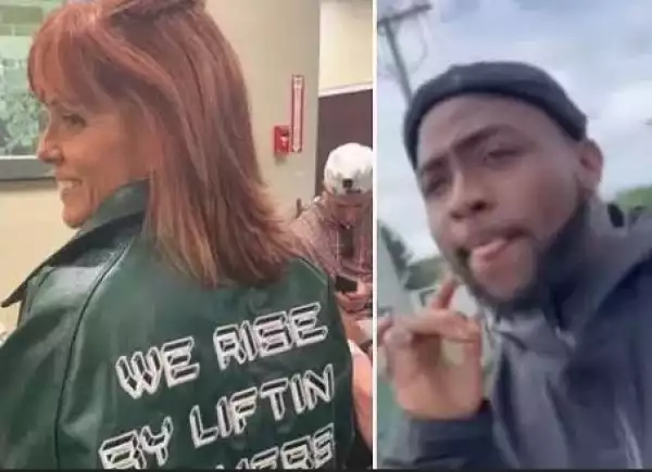 I Found Your Jacket - Excited White Lady Rocks Davido’s Jacket After Picking It Up (Video)