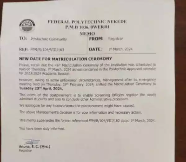 Federal Poly, Nekede announces March 7th as date for 2023/2024 Matriculation ceremony