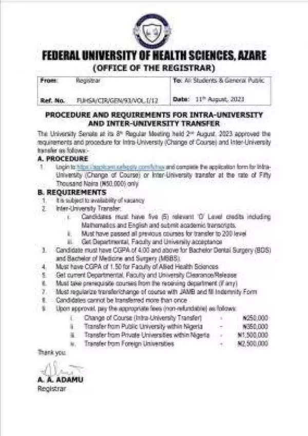 FUHSA procedure and requirements for intra-university & inter-university transfer