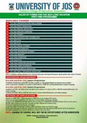 Fed College of Education, Pankshin affiliate UNIJOS Long Vacation Part-Time form - 2024