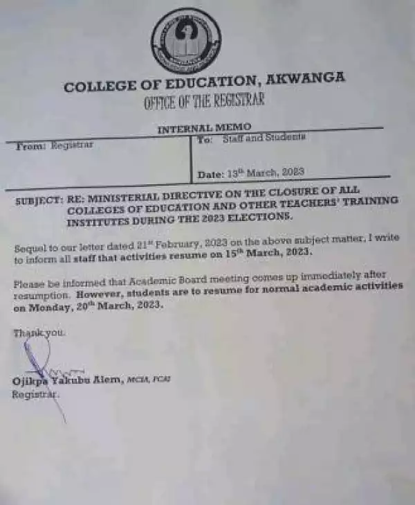 College of Education, Akwanga notice on resumption