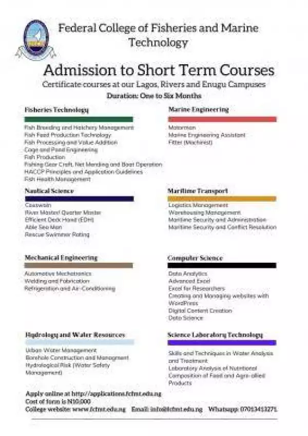 Federal College of Fisheries & Marine Tech announces admission into short term courses