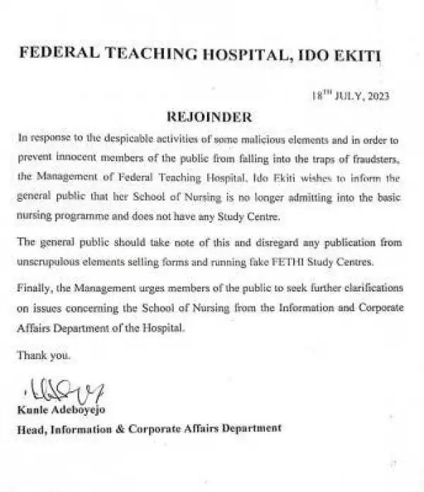 Federal University Teaching Hospital, Ido notice to the general public