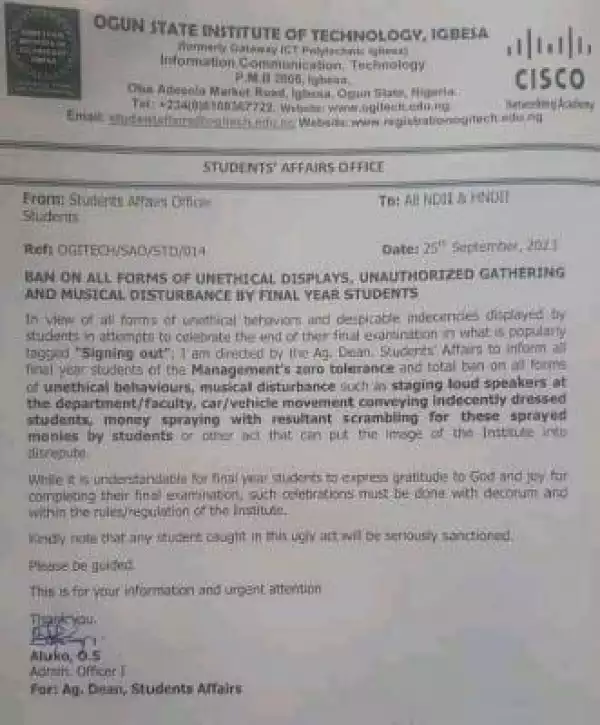 OGITECH important notice to final year students