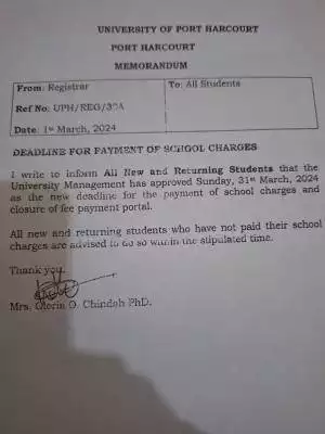 UNIPORT extends deadline for the payment of school fees charges